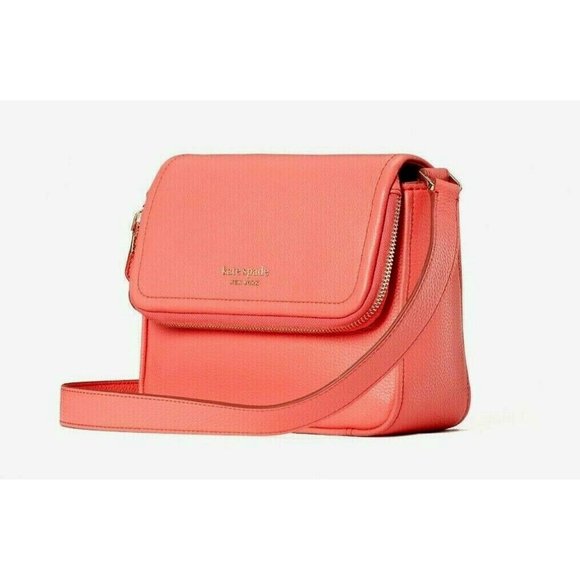 New Kate Spade Run Around Large Flap Crossbody Pebble Leather Peach Melba - Picture 2 of 5
